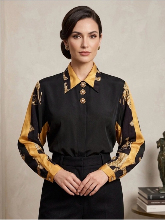 Sandro Tops - Sandro Black and Gold Satin Button-Down Blouse